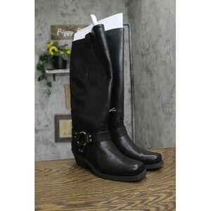 Brinley Co Harness Knee High Boots Women 6.5 Black Square Toe Moto Zip Riding